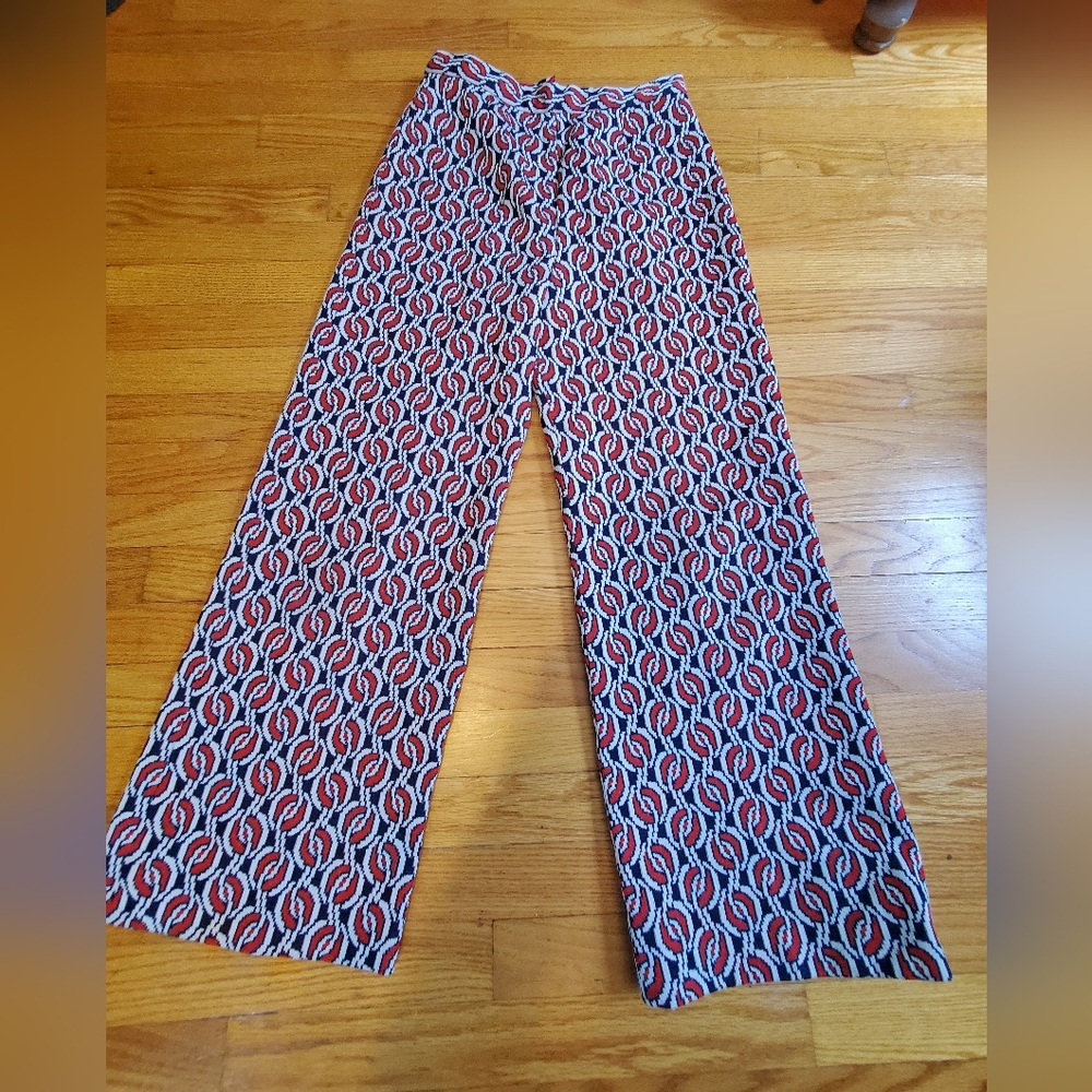 Vintage Red Blue & White Patterned Women's 70s Wide Leg Pants - Picture 3 of 9